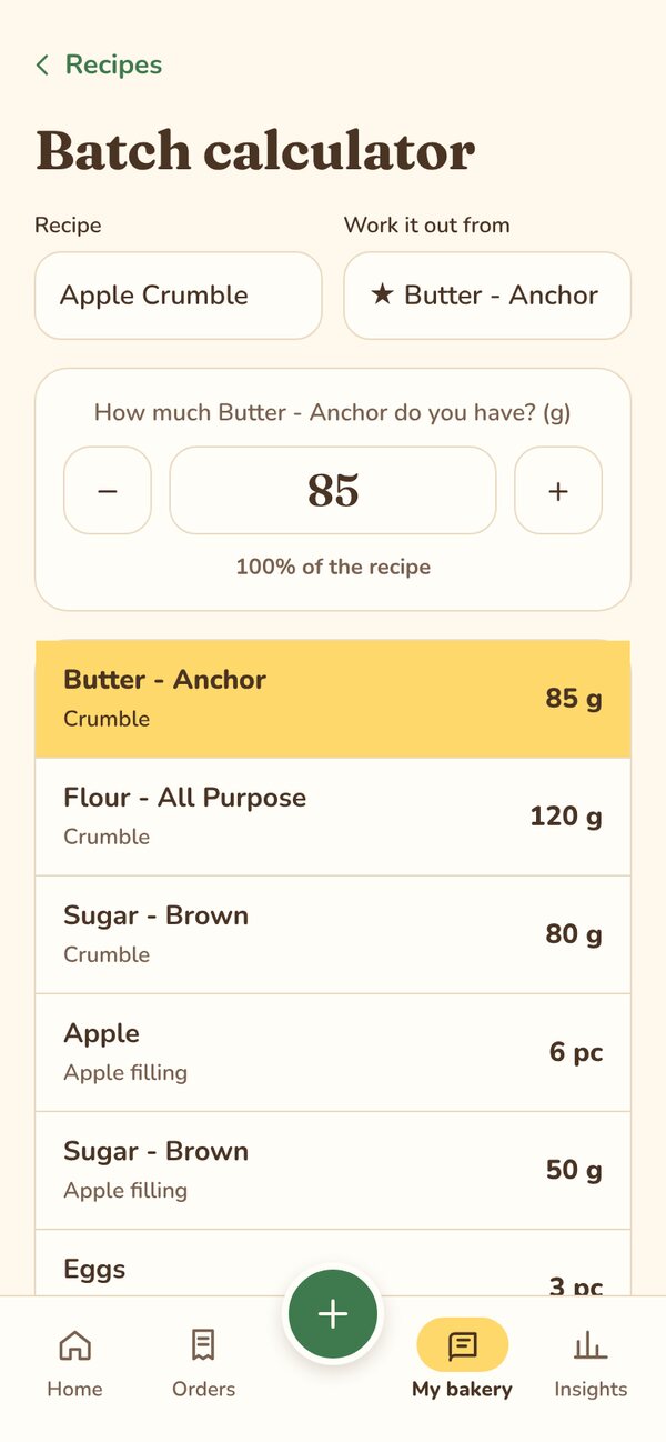 Batch calculator working out a recipe from 85 g of butter