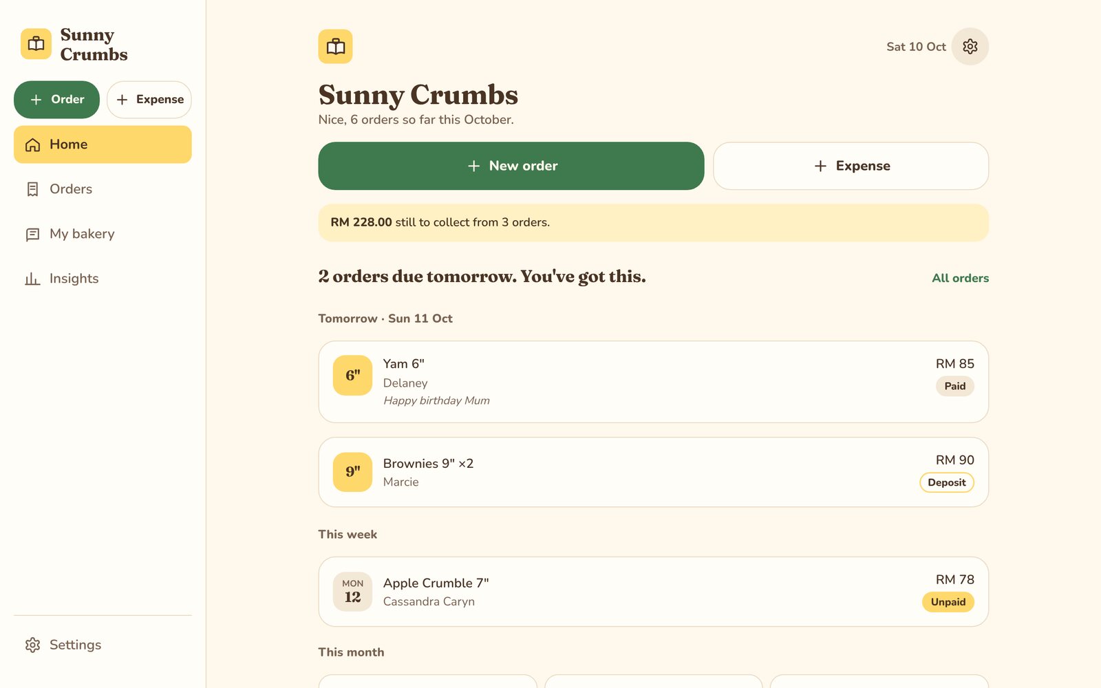 Butterbook on a computer with a sidebar for Home, Orders, My bakery and Insights