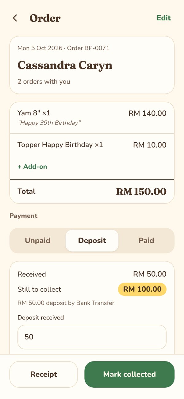 An order with a deposit received and RM 100 still to collect